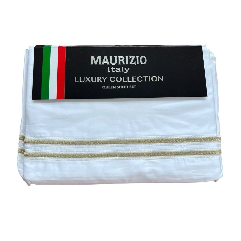 New Maurizio Italy Queen Sheet Set 4PC White Cotton Sateen 420 TC Luxury Bedding